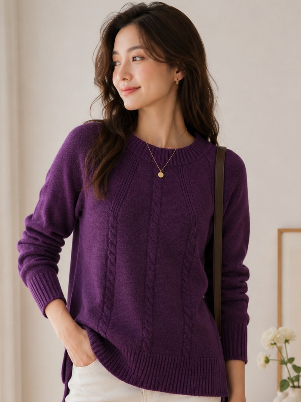 Women’s Purple Cable Knit Crewneck Long Sleeve Pullover Sweater